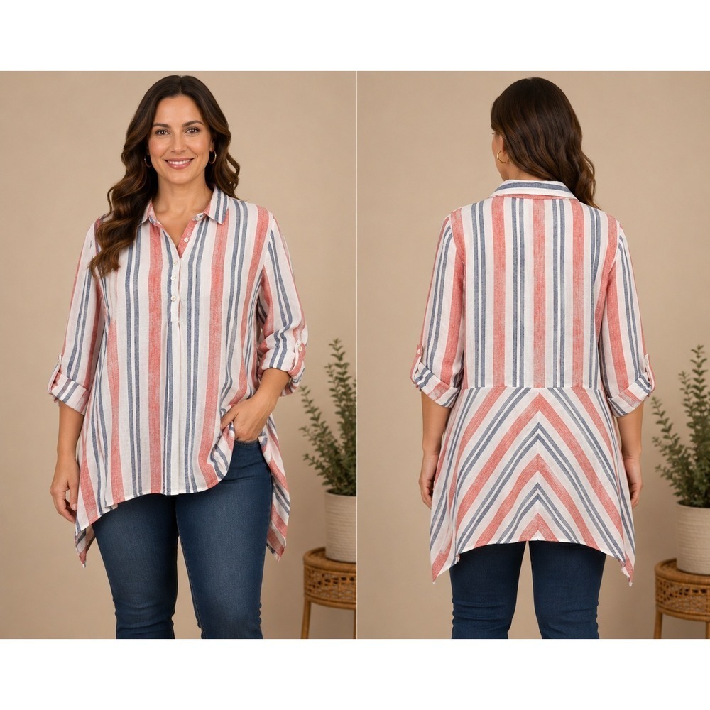 Artisan NY 100% Linen Tunic Top Womens Medium Patriotic Striped Lagenlook